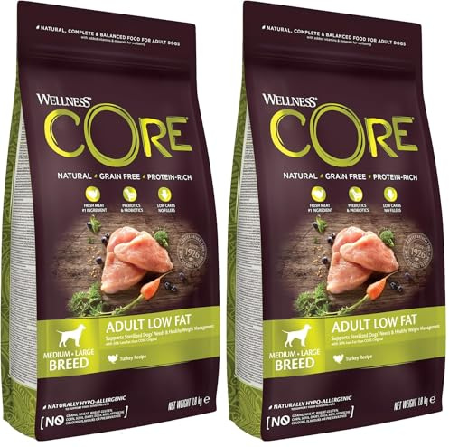 Wellness CORE Low Fat 1.8 kg, Truthahn – Hundefutter Trocken für mittelgroße bis große Hunderassen, getreidefrei, natürlich, hypoallergen, proteinreich, unterstützt eine gesunde Gewichtsregulierung