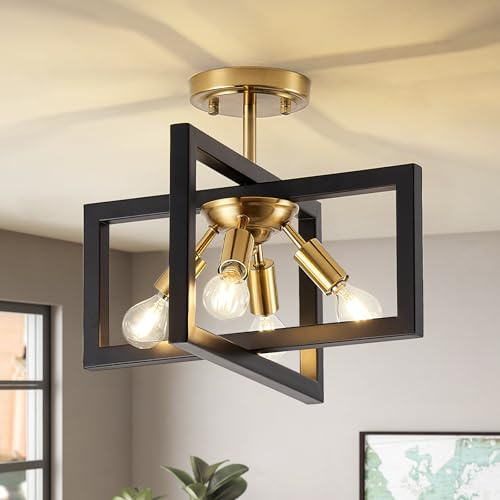 LWYTJO Black Ceiling Light, 4-Light Industrial Living Room Lights Ceiling, Semi Flush Ceiling Lights Hallway, Black and Gold Chandeliers Ceiling Light for Kitchen, Bedroom, Dining Room, Lounge