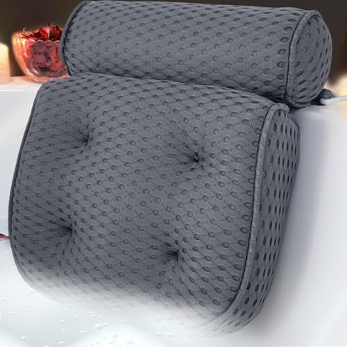 AEROiVi Luxuriöses Badewannenkissen für Badewanne, Badewannenkissen zur Kopf- und Nackenstütze, Badewannenkissen aus weichem Abstandshalter-Mesh-Material mit Saugnäpfen, Grau