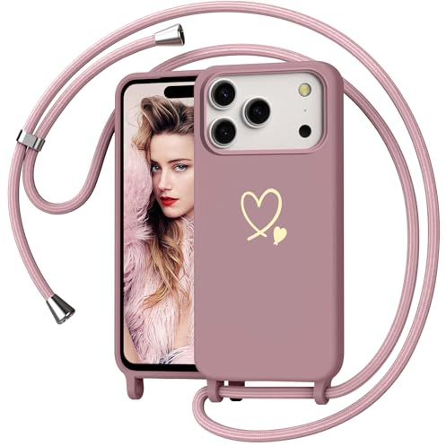 Yichxu Handyband für iPhone 17 Pro Hülle mit Band, Herz Design Necklace Handyhülle zum Umhängen Kordel, Stoßfest Schutzhülle mit Kette, Weich TPU Liquid Silikon Case für iPhone 17 Pro, Rosa