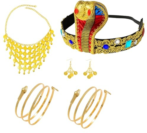 WangVipfei 5 Stück Ägyptisches Kostüm Zubehör Set, Kobra Kopfschmuck, Ohrringe, Halskette, Schlangenarmbänder,Cleopatra kostüm, Pharao Accessoires für Damen Halloween Karneval Party
