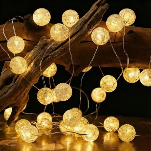 ALEGRE Cadena de luces de bolas de cristal con temporizador, 3 m, 30 luces LED, pilas, alambre de cobre, bolas de luz para interiores, para cumpleaños, dormitorio, decoración de Navidad