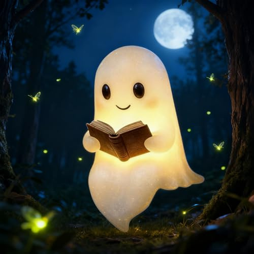 2026 Neu Nachtgeist Lampe, 3D Geister Leselampe, Geisterlampe mit Buch, Nachtgeist - ein Kleiner Geist, der Wärme & Licht Spendet, Lustige leuchtende Geister-Halloween-Dekoration für drinnen (B-14CM)
