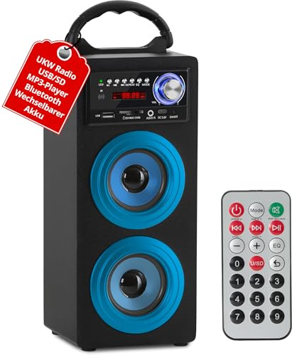 McGrey BS-20 Beachside Bluetooth Lautsprecher Blau, Highlights, Abmessungen | Bluetooth-Lautsprecher mit Akku, USB/SD Slots für MP3 Wiedergabe und AUX-Eingang, Automatischer Sendersuchlauf, 1050 mAh Akku