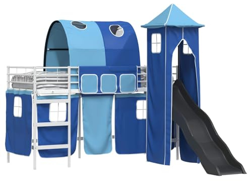 vidaXL Kinderloftbett Weiß und Blau 90 x 190 cm Metall, Kindermöbel, multifunktionales Hochbett mit Rutsche, modernes Schlafpod, cooooler Etagenrahmen