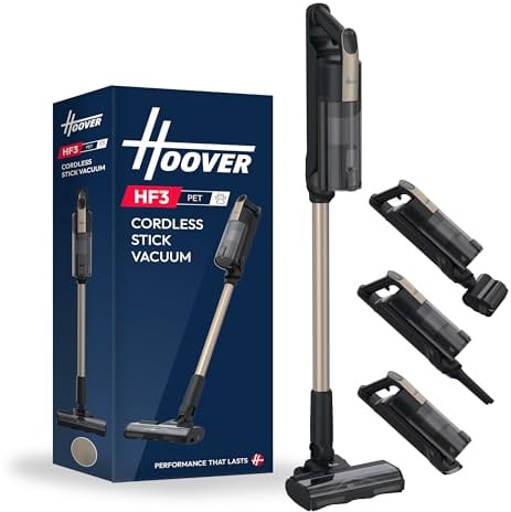 Hoover HF3 Pet Cordless Stick Vacuum Cleaner, 60-min Runtime [HF310P] | Rechargeable Baggless Vacuum with HEPA Filter, 440W, Anti-Hair Wrap, Self-Standing, LED Lights with Pet Brush