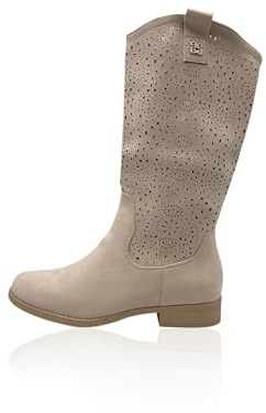 Nowaland Damen Stiefel mit dekorativem Lochmuster, weichem Obermaterial & stabilem Blockabsatz – sommerliche Optik für Jeans, Kleider & vielseitige Looks