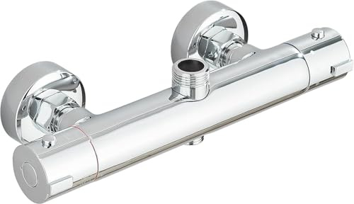 JUNSOTTOR Thermostatic Shower Mixer Bar, 2 Outlet Wall Mounted Anti-Scald Tap with 3/4 & 1/2 BSP, Solid Brass Constant Temperature Control for Bathroom, Chrome