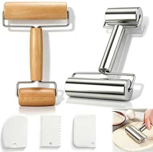 5 Teiliges Set Doppelseitige Teigrolle Nudelholz Edelstahl Holz Teigroller | 2 Doppelseitige Teigroller und 3 Teigschaber,Ausrollen und Schneiden von Teig,Teigroller Klein Wiederverwendbarer und Tragbar