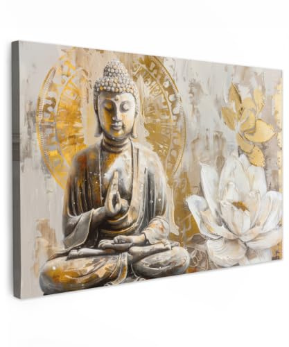 OnlyWow© Gartenbild Outdoor Deko Garten Leinwand Modern Wandbild Wetterfest | 120x80 cm - Kunstdruck Terrasse Geschenke Draußen Buddha - Blume - Lotus - Spiritualität