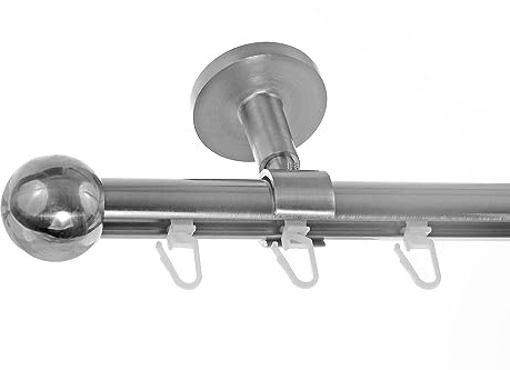 BASIT Gardinenstange Innenlauf Edelstahllook 20mm 1-läufig Decke 240cm D30 | Gardinenstangenset einläufig Deckenmontage Metall Vorhangstange Deckenhalterung 120-600cm wählbar Kappe Kugel E33