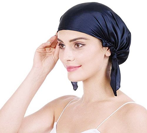 Emmet 100% Seide Schlafmütze Haarschönheit Nachtmütze Damen für Haarverlust Atmungsaktive Kappe,Navy blau,Einheitsgröße