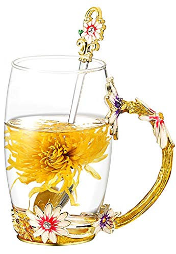 YBK Tech Kreative Blume Glastasse Kristallglas Teetasse mit Griff für heiße Getränke, Eistee, nackten Saft – Chrysantheme (groß (350 ml) ohne Geschenk-Box)
