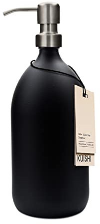 Kuishi 1000ml Schwarze Glasflasche – Silberne Edelstahlpumpe – Wiederverwendbar – Umweltfreundlich – Geeignet für Flüssigkeiten – Vielseitig – Elegant – Moderne Wohnkultur