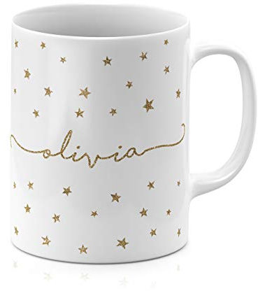 Tirita Personalised Mug Initial with Name, Custom Gift for Mum, Dad, Kids or Girls. [06 - Gold Stars Name] Printed Glitter, NOT Real Glitter