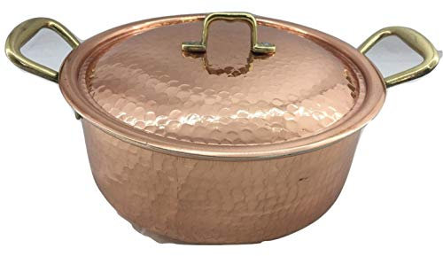 Casseruola pentola tegame in rame stagnato martellato da cucina con coperchio diametro 24 x 11 cm