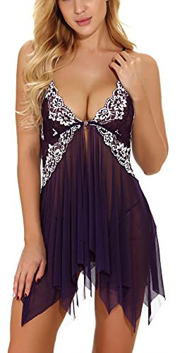 ONGASOFT Lingerie Donna Sexy Intima Pizzo Babydoll Trasparente Camicia da Notte Chiusura Frontale Aperta Scollo a V Perizoma, Viola