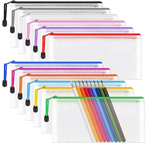 A6 Mesh Pencil Pouch Zipper File Bags,12PCS Clear Pencil Case Plastic Wallets Folders Waterproof Storage Pouch for School Supplies, Bills, Cosmetics, Stationery and Travel Accessories,12 Colours