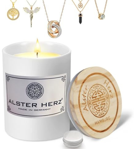 *ALSTER HERZ* Schmuckkerze, Kerze im Glas mit Deckel, handgefertigt, Halskette, Gold, Modeschmuck, ohne Duftstoffe, originelle Geschenkidee, Made in Hamburg (Weiß)