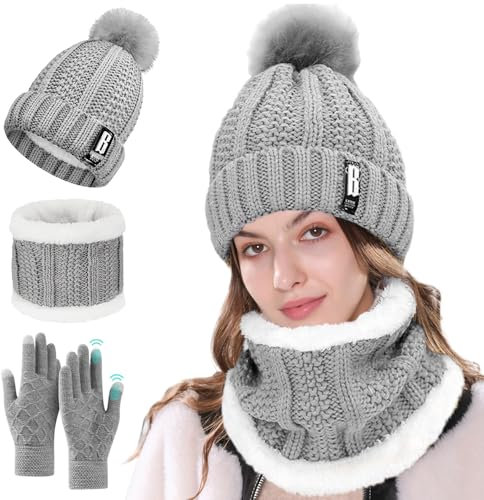 Wintermütze und Schal Set, TOLOYE Damen Strick Pom Beanie Mütze Schal mit Warmem Weichem Fleecefutter für Damen Täglich Ski Outdoor Sport Winter Geschenk