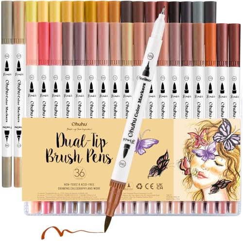 Ohuhu Marqueurs à Eau Double Pointe - 36 Couleurs de Peau, Feutres à Colorier avec Pointe Fine (0.4mm) et Pinceau pour Dessin, Mandala, Calligraphie, Coloriage - Collection Maui