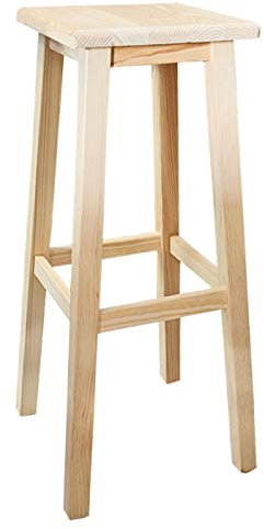 Acan Tradineur - Taburete Cuadrado Alto de Madera Natural sin Tratar, banqueta de Barra de Bar con reposapiés, Cocina, Estable y Robusto, 80 x 29 x 29 cm