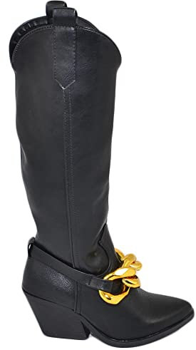 Stivali donna camperos texani nero basic pelle morbida catena oro rimovibile tacco western 7 cm altezza ginocchio moda (37 EU)
