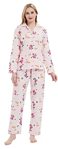 GLOBAL Ensembles de Pyjama pour Femme 100% Coton Vêtements de Nuit Manches Longues Boutonné Pantalon Taille élastiquée Cordon de Serrage Fleurs Roses L