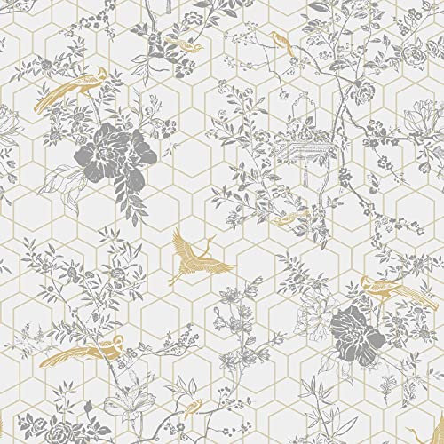 Muriva Lipsy Himara Wallpaper-Modern Floral Wallpaper Living Room，Bedroom，Fireplace-Decorative Nature Luxury Wall Paper w/ Flowers，Birds & Metallic Gold Geometric Print (Pale Grey)，Gold,grey
