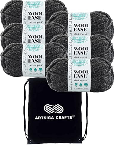 Lion Brand Wool Ease Thick & Quick Yarn Charcoal 640-149 (6-Skein) Same Dye Lot Weight S Bulky #6 Soft Knitting Yarn Crochet 80% Acrylic/20% Wool Bundle with 1 Artsiga Craft Bag