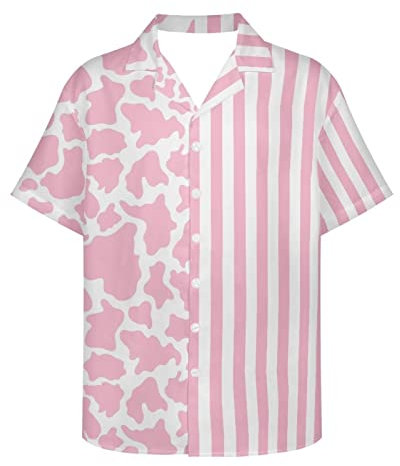 PinUp Angel Camicie hawaiane da uomo a maniche corte a righe con bottoni camicie da spiaggia Funky Color Block Camicia da viaggio, Mucca rosa, XX-Large