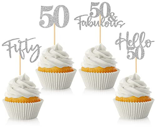 48Pcs 50th Birthday Cupcake Toppers Glitter Hello 50 Cupcake Topper 50 Fabulous Fifty Cupcake Picks for Happy 50th Birthday Wedding Anniversary Party Cake Decorations Supplies, Silver