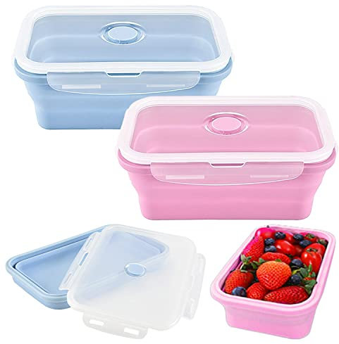 Ovtai Plegable de Silicona Recipientes, 2pcs Recipientes de Silicona, Plegable Fiambrera de Silicona, Reutilizable Recipientes para Alimentos Contenedores de Almacenaje de Silicona Plegable