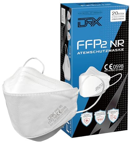 DRX FFP2 Maske, Atemschutzmaske mit 3 Lagen, Atmungsaktiv & Hautfreundlich, Staubmaske, 99% Filtereffizienz, CE-Zertifiziert, EN 149:2001 + A1:2009, 20 Stk., Made in Taiwan (Weiß)