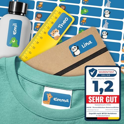 Namensaufkleber für Kinder (54 Stk. 30x13 mm) - Wasserfeste Namensschilder für Kleidung, Textilien und Gegenstände - Optimal für Kita, Kindergarten und Schule - Schöne Motive personalisierbar
