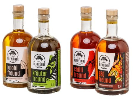 DIE ÖLFREUNDE Sparset 4 Freunde Box mit 4 verschiedenen Ölen | 4 Gewürzölen nativ kaltgepresst | hochwertige Öle mit Omega 3 & 6 Fettsäuren | Geschenk für Männer, Frauen, Feinschmecker für die Küche