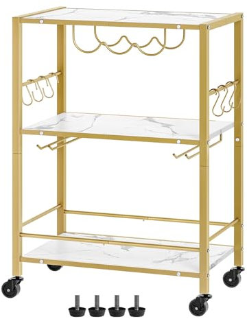 YATINEY Carrello da bar Gold a 3 livelli, carrello da cucina con portabottiglie e portabicchieri, carrello per bevande, carrello mobile per microonde con 6 ganci, per cucina, soggiorno, bianco e oro