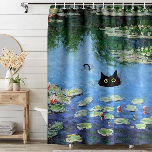 Fchen art Monet Rideau de douche avec 12 crochets, motif chat nénuphar, rideau de douche imperméable pour salle de bain avec 12 crochets, rideau décoratif rustique et esthétique pour femmes et enfants