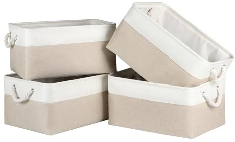 Syeeiex Storage Basket for Shelves [4 Pack], Storage Boxes with Handles, Large Fabric Storage Bins for Organizing Home and Office, White & Khaki