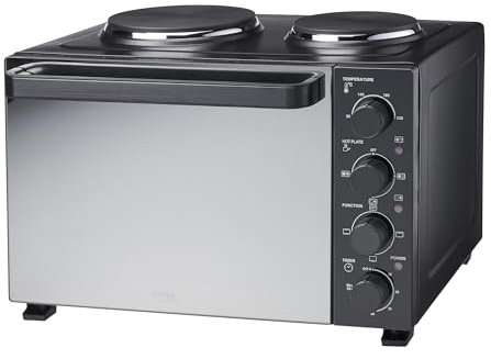 Cooks Professional Mini Portable Oven with Hobs | Energy Efficient Electric Countertop Cooker with Two Hobs & Wire Rack Baking Tray | Kitchen Grill Ovens | 34L Capacity | Black Contemporary