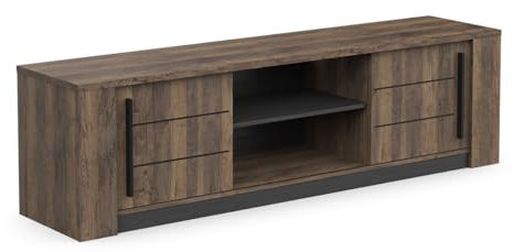 Demeyere Meuble TV Bois Tendance 3 Etagères 2 Portes Coulissantes – Style Industriel – Coloris Bois Brûlé & Noir Charbon - 180 x 52 x 42 cm