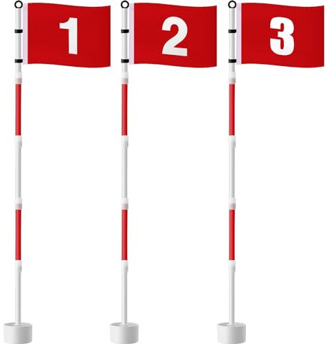 Threehoney Golf Flagstick 6ft, Golf Pin Flag Hole Cup Set Putting Green Flags and Poles Numbered Golf Flags for Driving Range Backyard, Portable 5 Section Design for Golf Practice, Gift Idea(3 Pack)