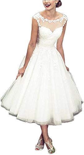LNNLSS Elegante Kurz Vintage Brautkleid für Braut mit Spitze Ärmellos, Weiß, 44