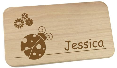Personalisiertes Frühstücksbrettchen aus Holz mit Motiv und Name graviert Motiv Marienkäfer