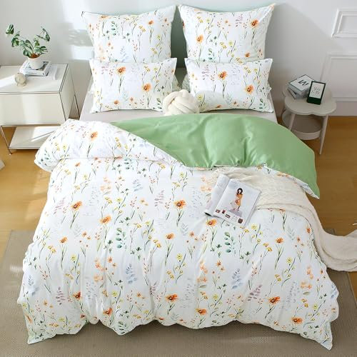 TOCOMOA Bettwäsche 135x200 Bunt, Weiß Blumen und Blatt Bettwäsche-Set mit Reißverschluss, Oeko-TEX Zertifiziert, 1 Bettbezug 135 x 200 cm und 1 Kissenbezug 80x80 cm