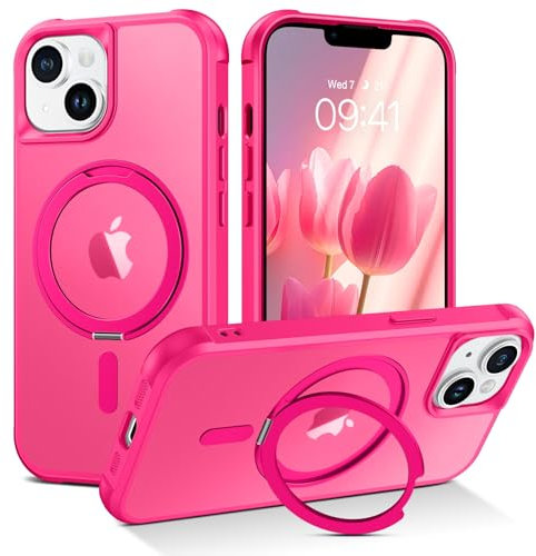 BENTOBEN Magnetic Case for iPhone 15 with Stand [Compatible with Magsafe],360° Rotatable Invisible Ring Stand Translucent Matte Back Military Grade Protection Shockproof Cover for iPhone 15, Hot Pink