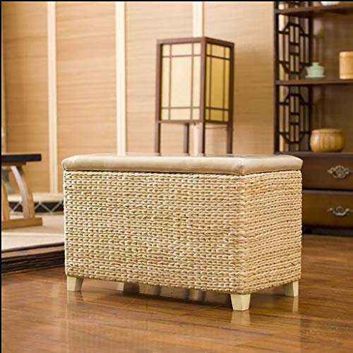 GYDUHYE Ottoman Rattan Storage Ottoman Bench,Handmade Storage Stool,End Of Bed Bench,Wicker Footrest Stool,Toy Storage Box,Leather Ottoman