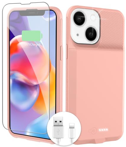 BOPPS Ultra-Slim Lightweight 15W Fast 7000mAh Charger Case for iPhone 13/13 Pro/14/14 Pro, Anti-Slip Soft TPU Protection, Pink