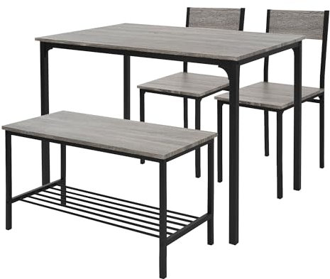 ML-Design Esstisch Set 4-teilig, Eiche-Grau, Esszimmertisch mit 2 Stühlen & 1 Bank, Essgruppe für 4 Personen, Sitzgruppe Küchentisch Metallrahmen, Bartisch Set, Esszimmergruppe für Küche & Esszimmer