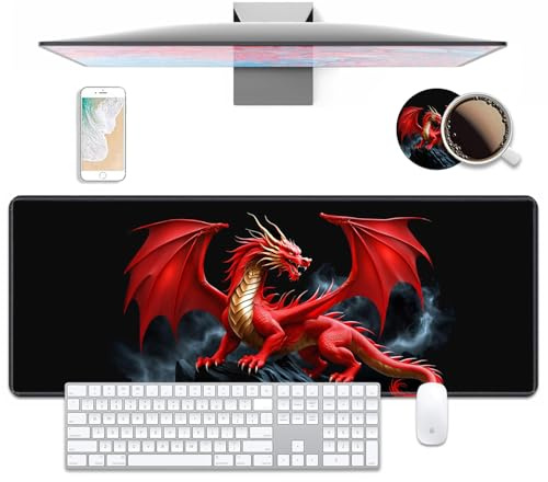 Desk Pad Mat Gaming Mouse Pads with Coasters Set, Red Dragon Large Extended Desk Mousepad with Stitched Edge & Non-Slip Rubber Base for Work, Game, Office, Home (31.5x 11.8)